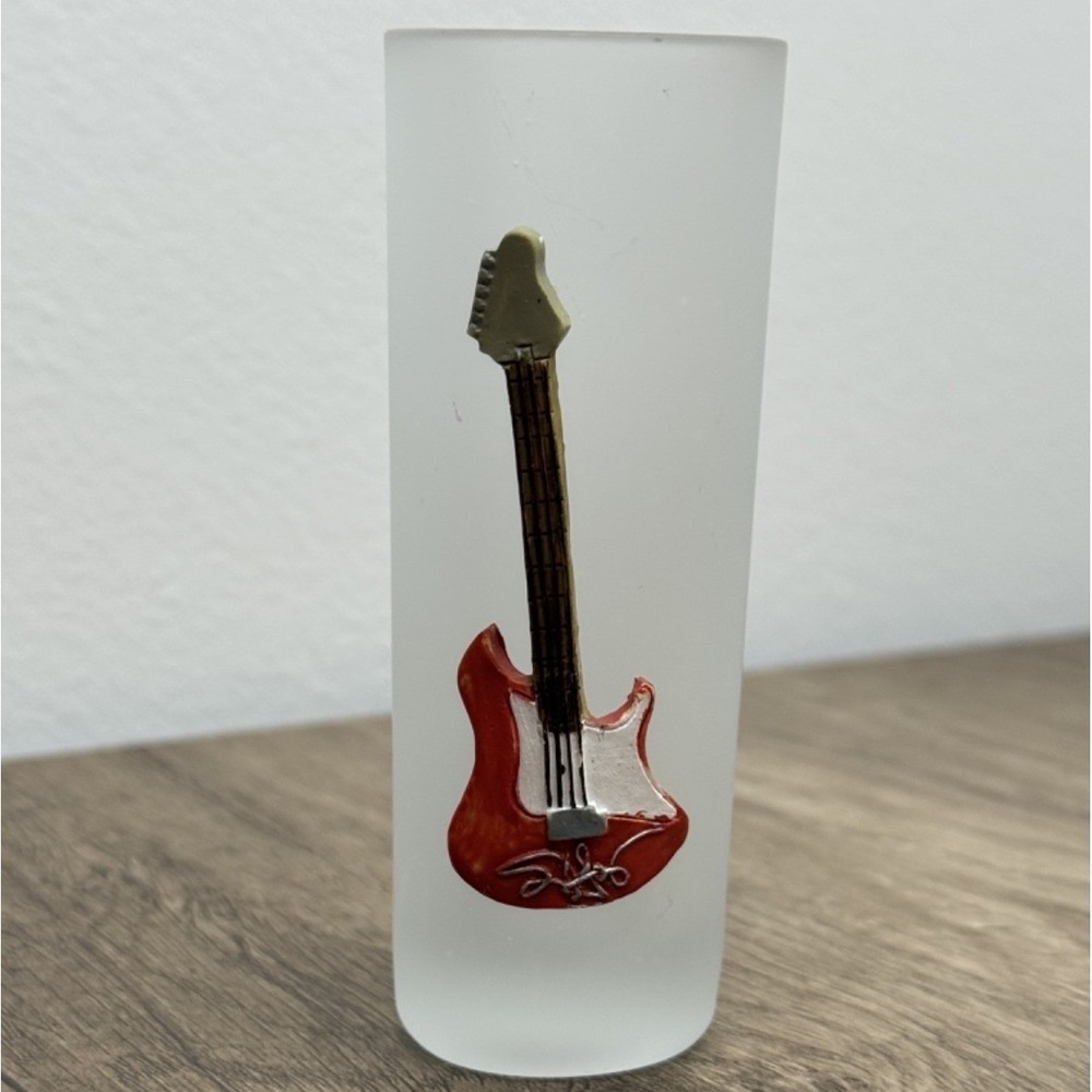 Frosted Shot Glass with 3D Red Electric Guitar Emblem Rock Music Souvenir 4 Inch